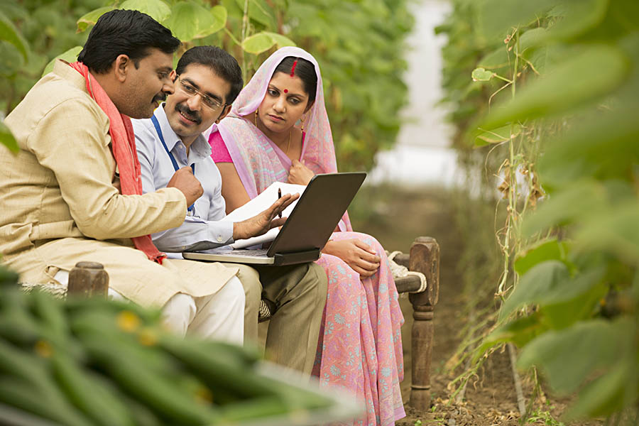 A trainer working through records with farmers